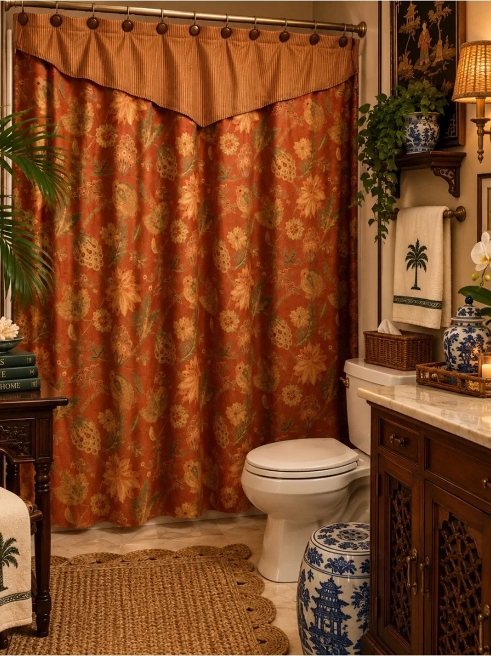 Vintage Tweel Floral Paisley Shower Curtain w/ Valance
